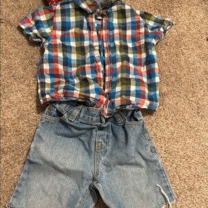 Plaid Shirt and Denim Shorts Set